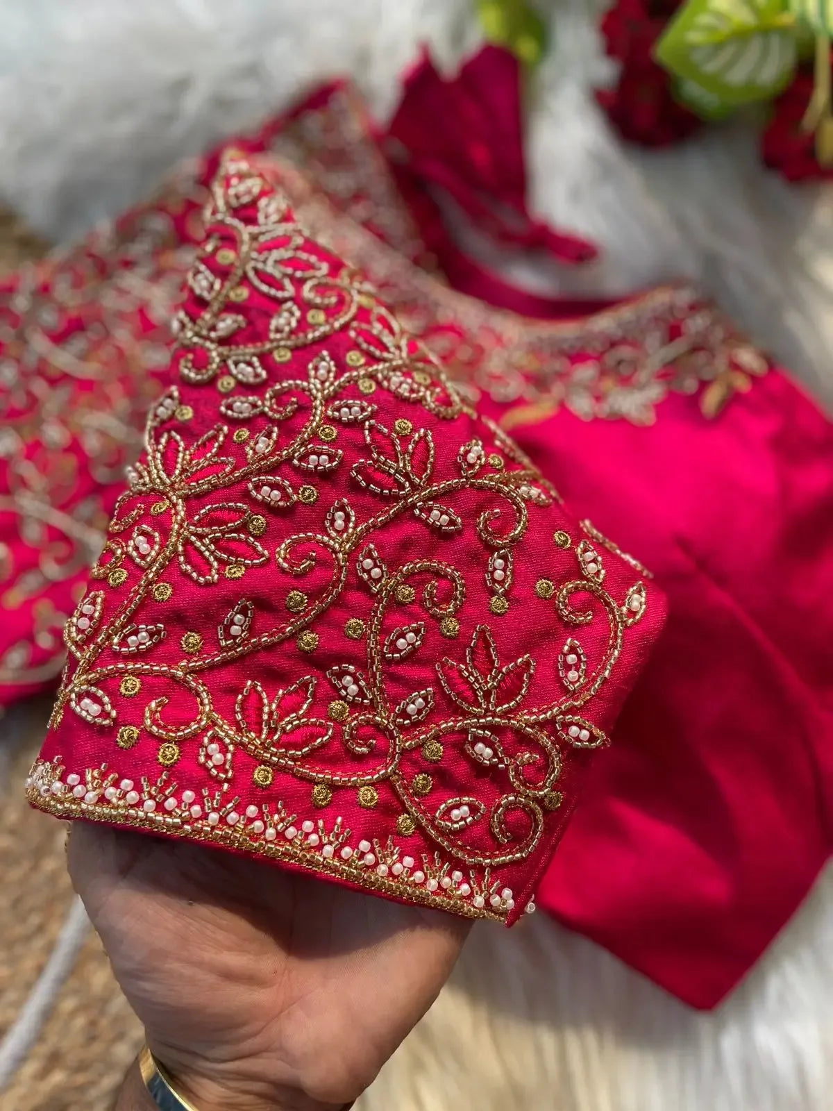 Bridal Blouse Designs for Silk Saree with Pearl & Zari Work – Designer Magenta Silk Blouse - RPD Fashion