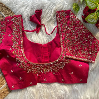 Bridal Blouse Designs for Silk Saree with Pearl & Zari Work – Designer Magenta Silk Blouse - RPD Fashion