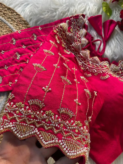 Bridal Blouse Designs for Silk Saree with Pearl & Zari Work – Designer Magenta Silk Blouse - RPD Fashion