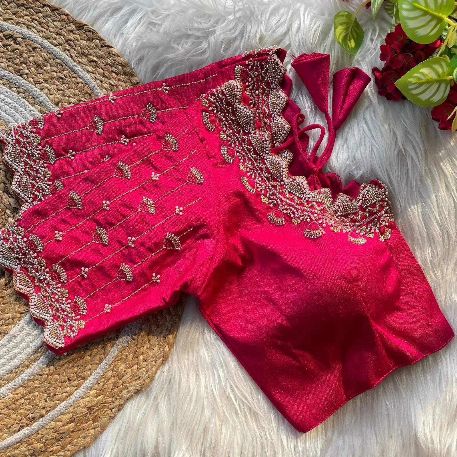 Bridal Blouse Designs for Silk Saree with Pearl & Zari Work – Designer Magenta Silk Blouse - RPD Fashion