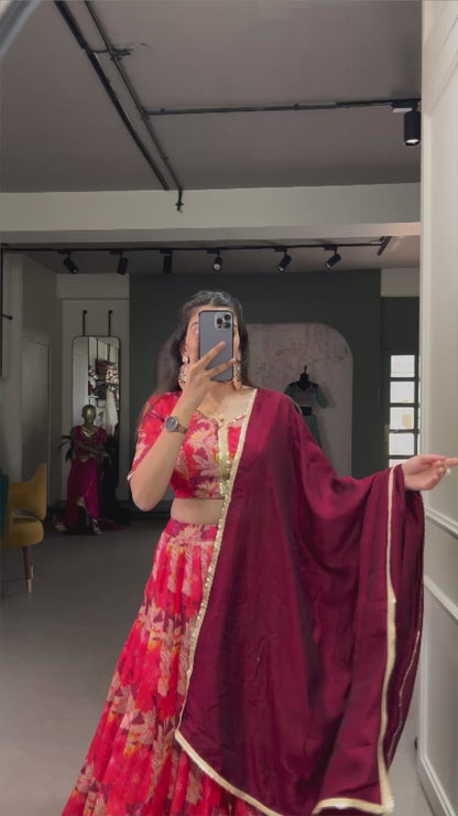 Red Tussar Silk Sequins Work Lehenga Choli