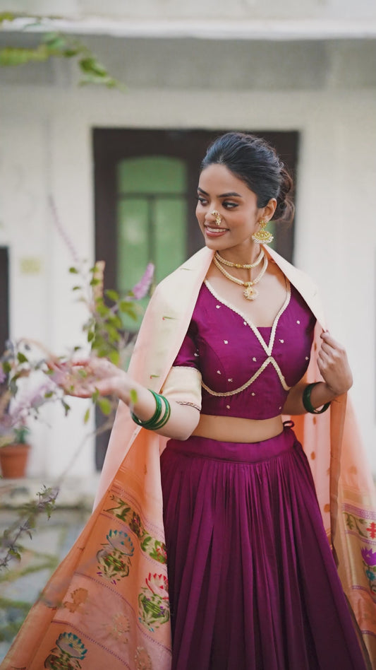Wine Pure Vichitra Silk with Weaving Zari Work Lehenga Choli
