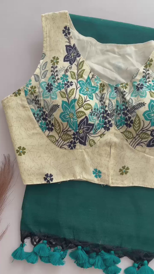 Heavy Cotton Khadi Saree With Cotton Print Blouse