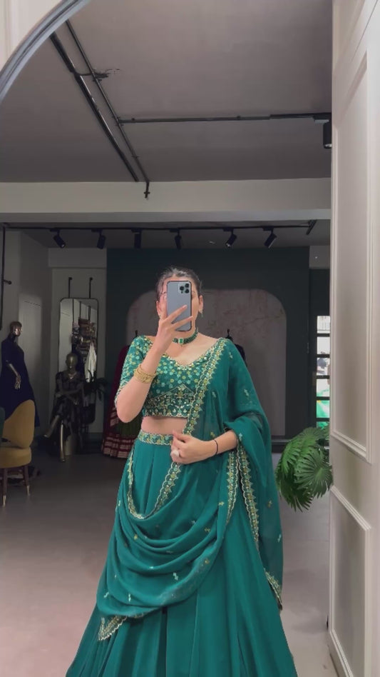 Green Plain Georgette A Line Lehenga Choli