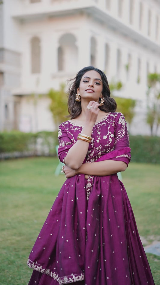 Beautiful Designer Wine Vichitra Silk Lehenga Choli
