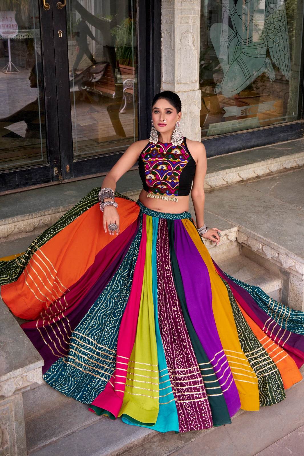 Traditional Navratri Rayon Lehenga with Blouse, Black and Gold, Sleeveless Crop Top Style - Rpd Fashion