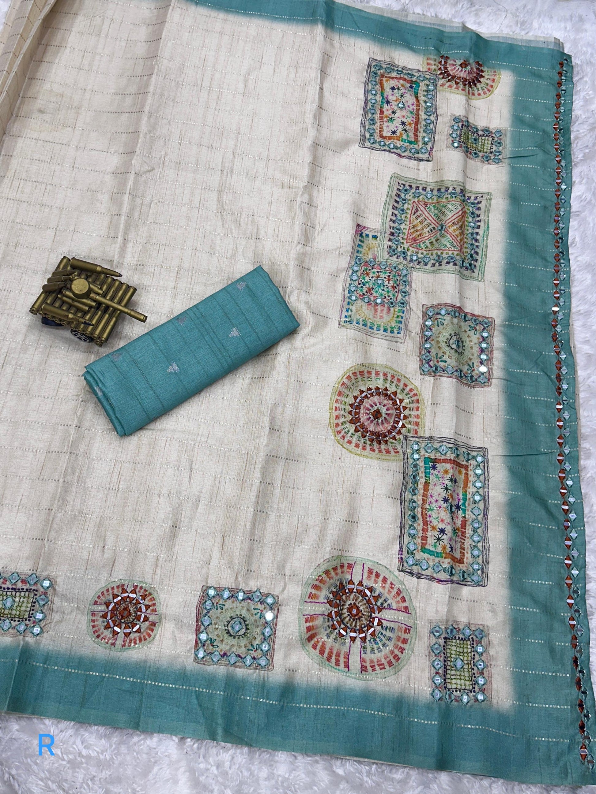 Batik Printed Hand Mirror Work Pure Tusser Cotton Saree with Blouse Rpd Fashion