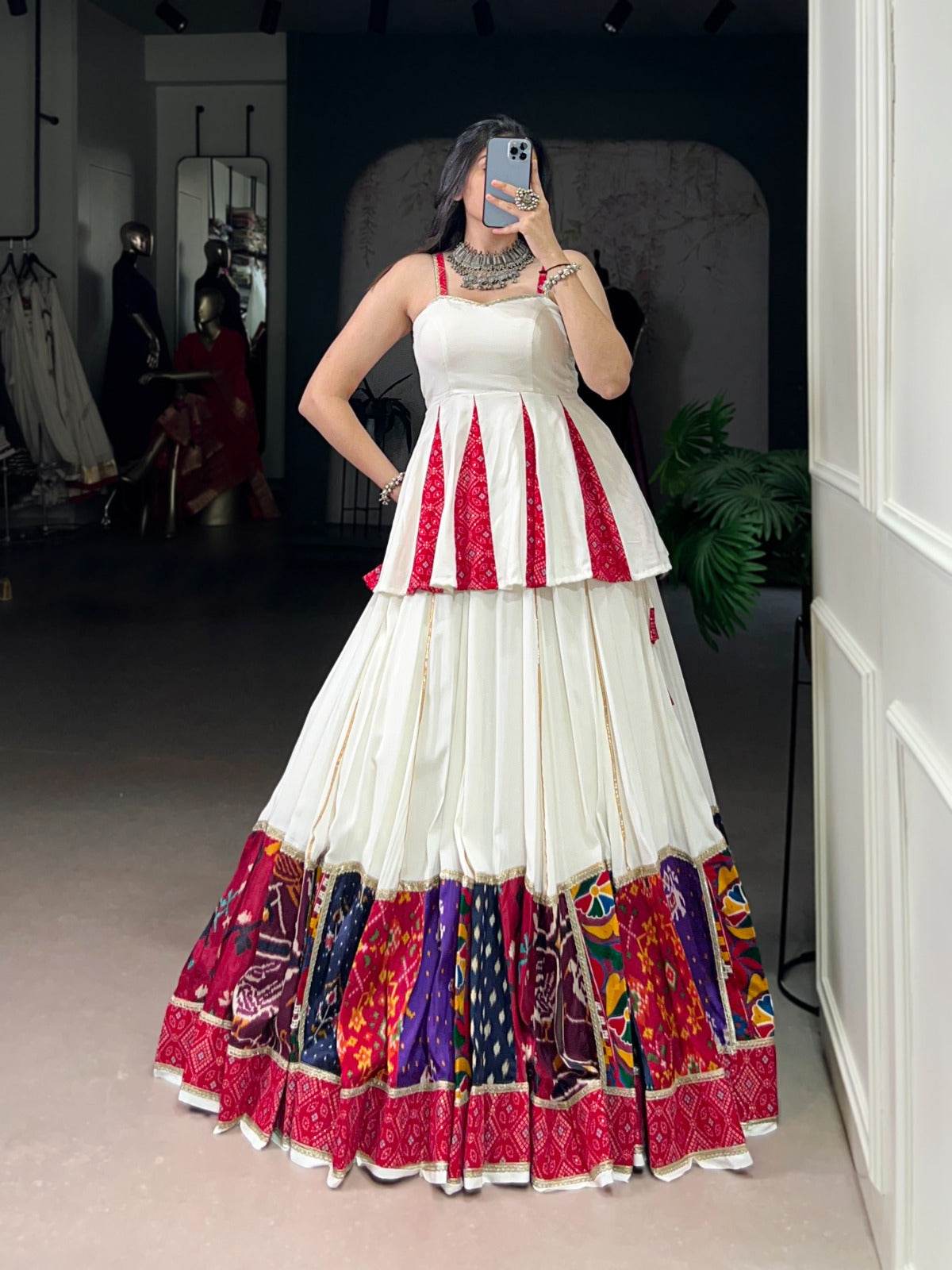 Red & White Rayon Lehenga Choli Set: Multi Patchwork Indian Garba Outfit - Rpd Fashion