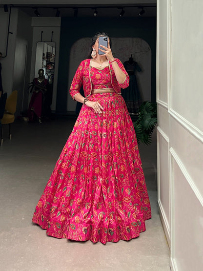 Women's Pink Tussar Silk Floral Print With Gota Patti Work Partywear Lehenga Rpd Fashion