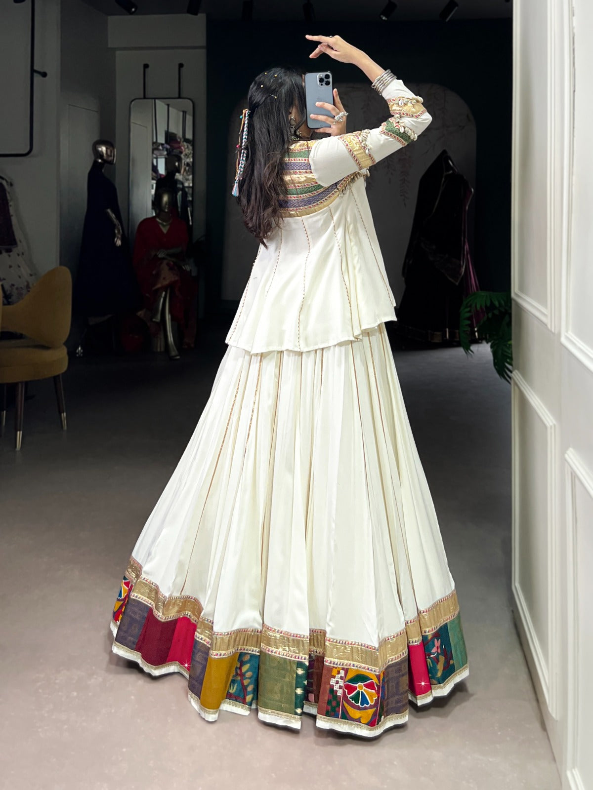 WHITE ETHNIC WEAR LEHENGA CHOLI FOR NAVRATRI FESTIVE LOOK Rpd Fashion