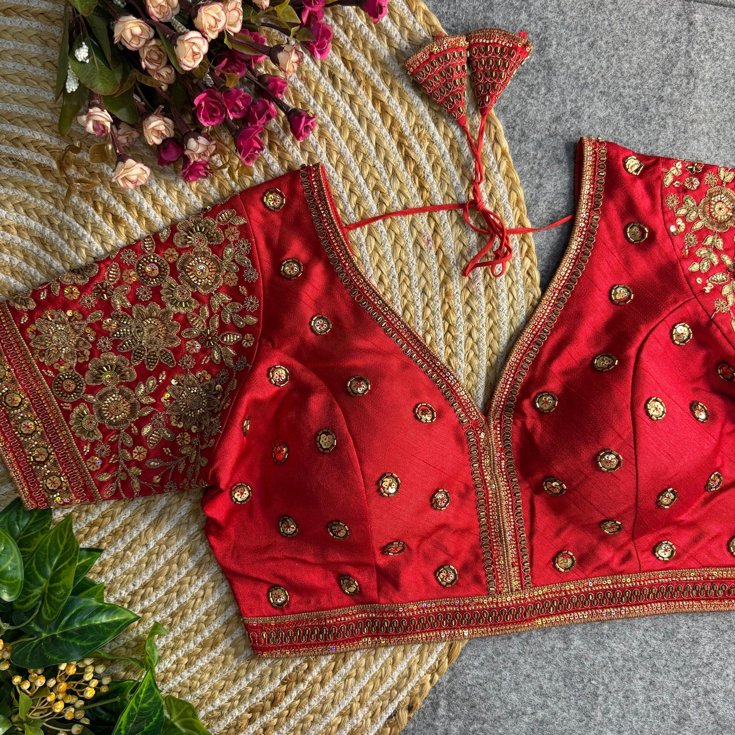 sabysachi style v-neck beads copper matching work bridal blouse