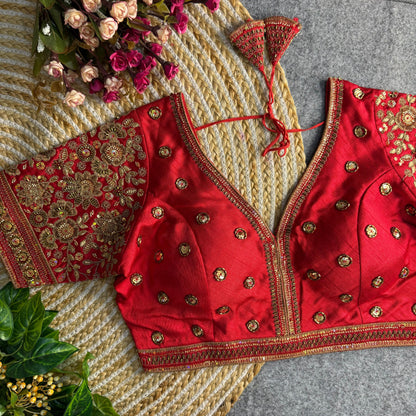 Sabysachi style v-neck beads copper matching work bridal blouse
