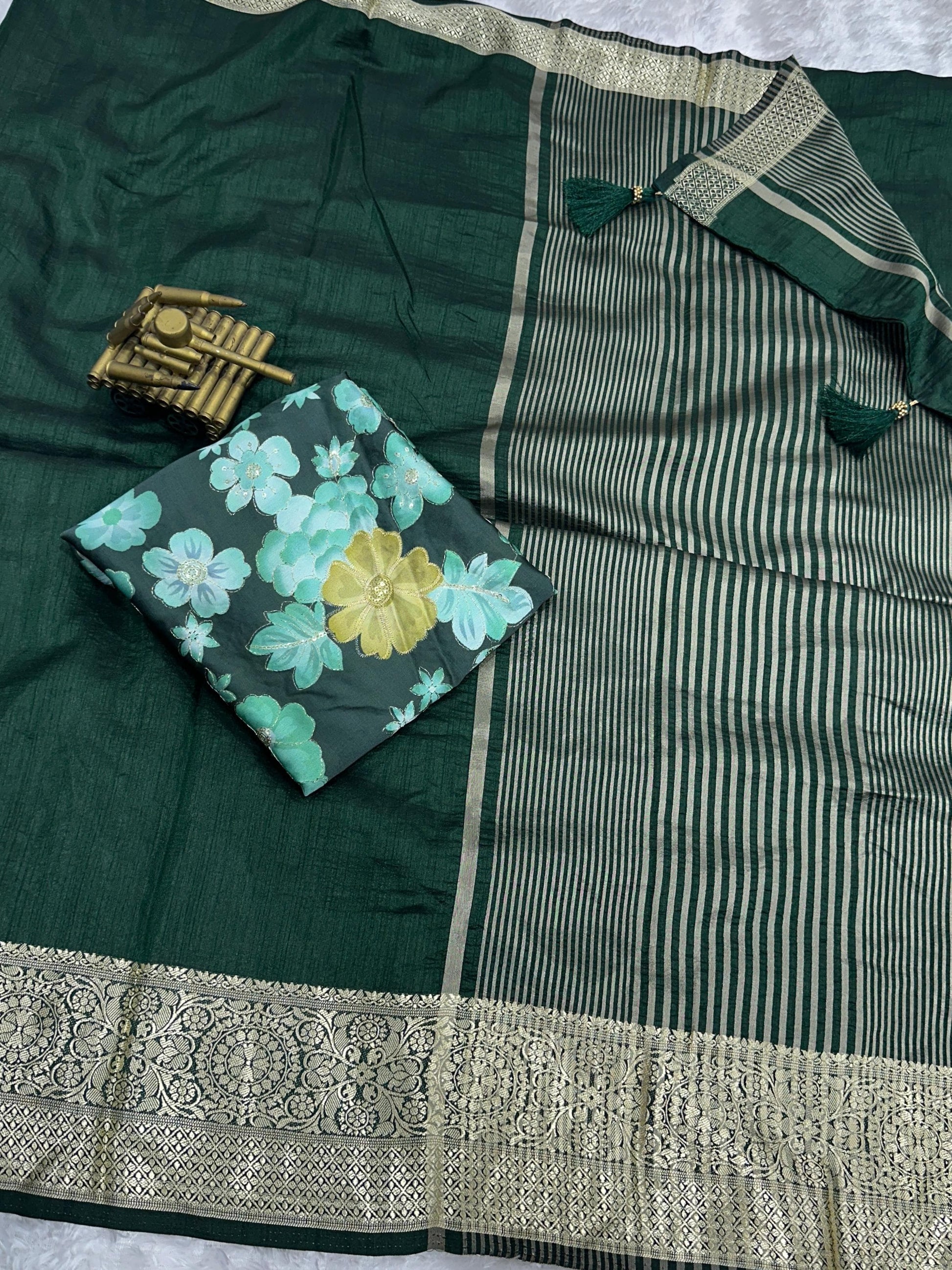 Green saree with floral patterns and gold border Rpd Fashion