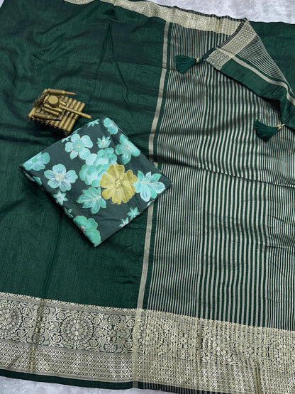 Green saree with floral patterns and gold border Rpd Fashion