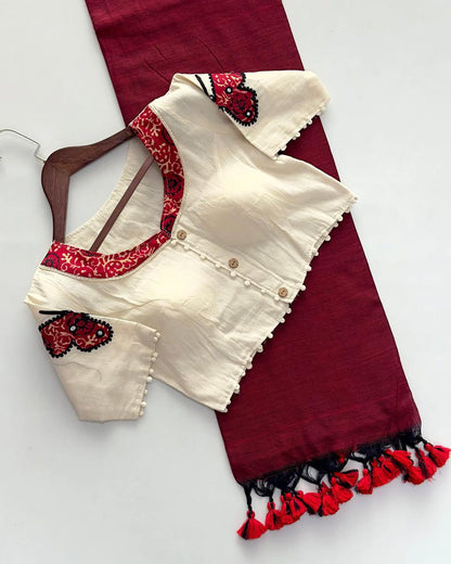 Khadi cotton saree And Beautiful Havy khadi Cotton Apllic Blouse Rpd Fashion