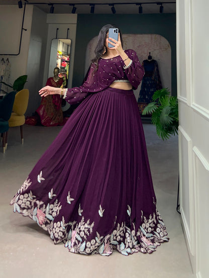 This stitched lehenga set includes Georgette fabric with sequin-thread embroidery and a matching top with beautiful lace-bordered sequin butties.