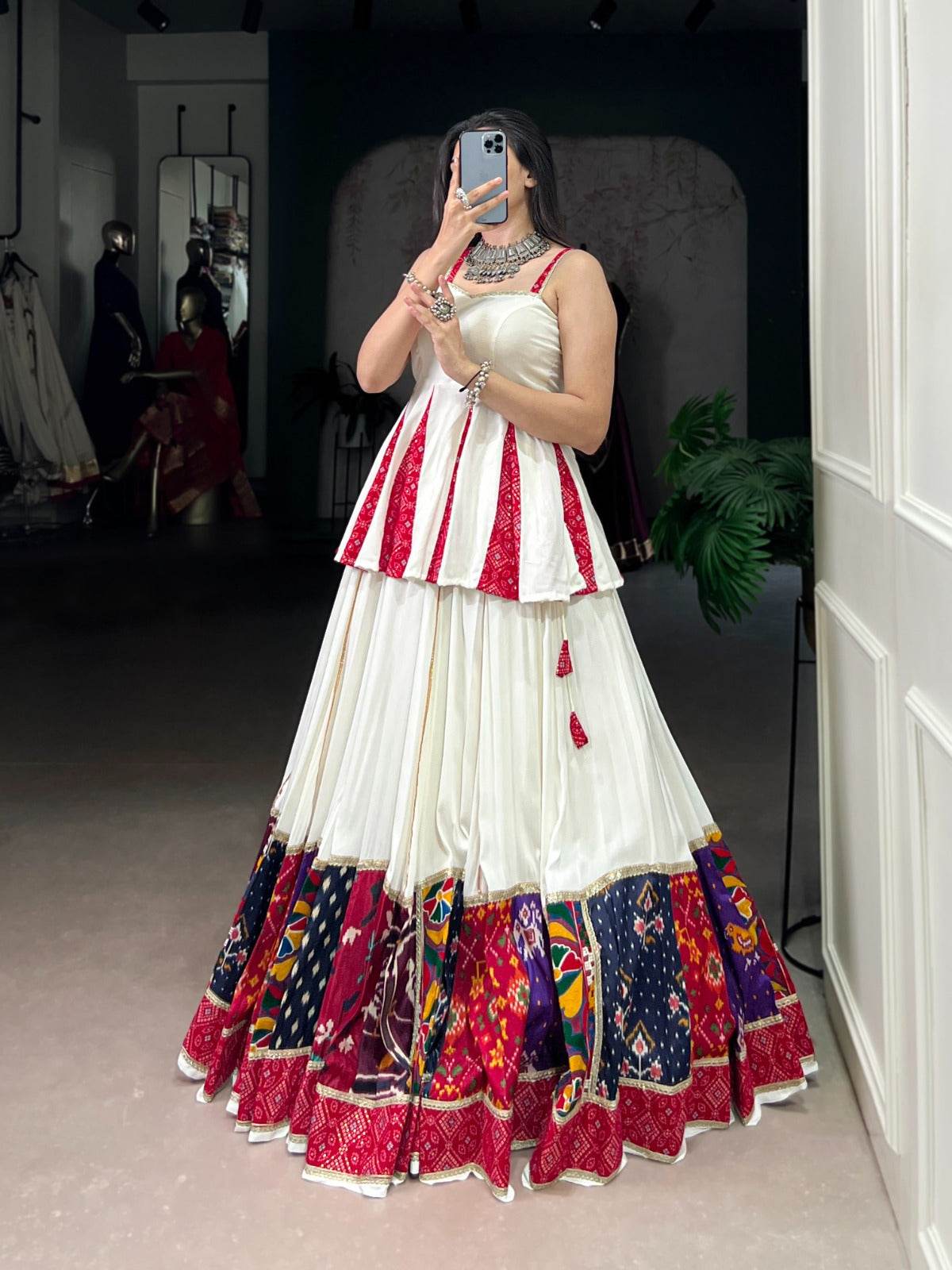 red & white rayon lehenga choli set: multi patchwork indian garba outfit - rpd fashion