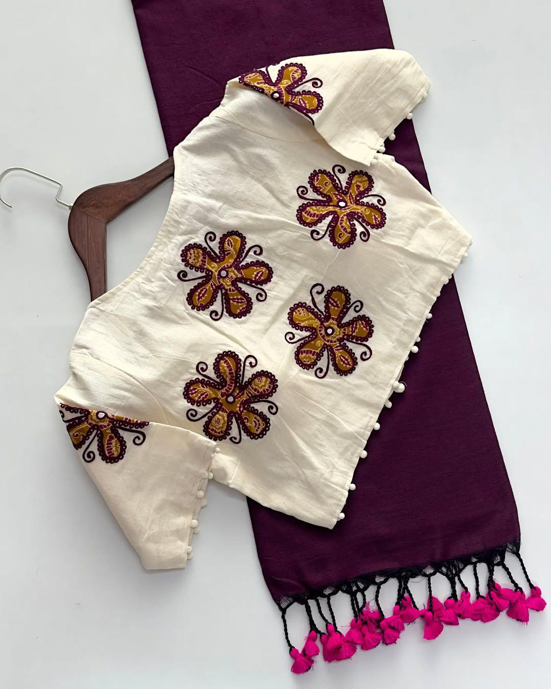 khadi cotton saree and beautiful havy khadi cotton apllic blouse rpd fashion
