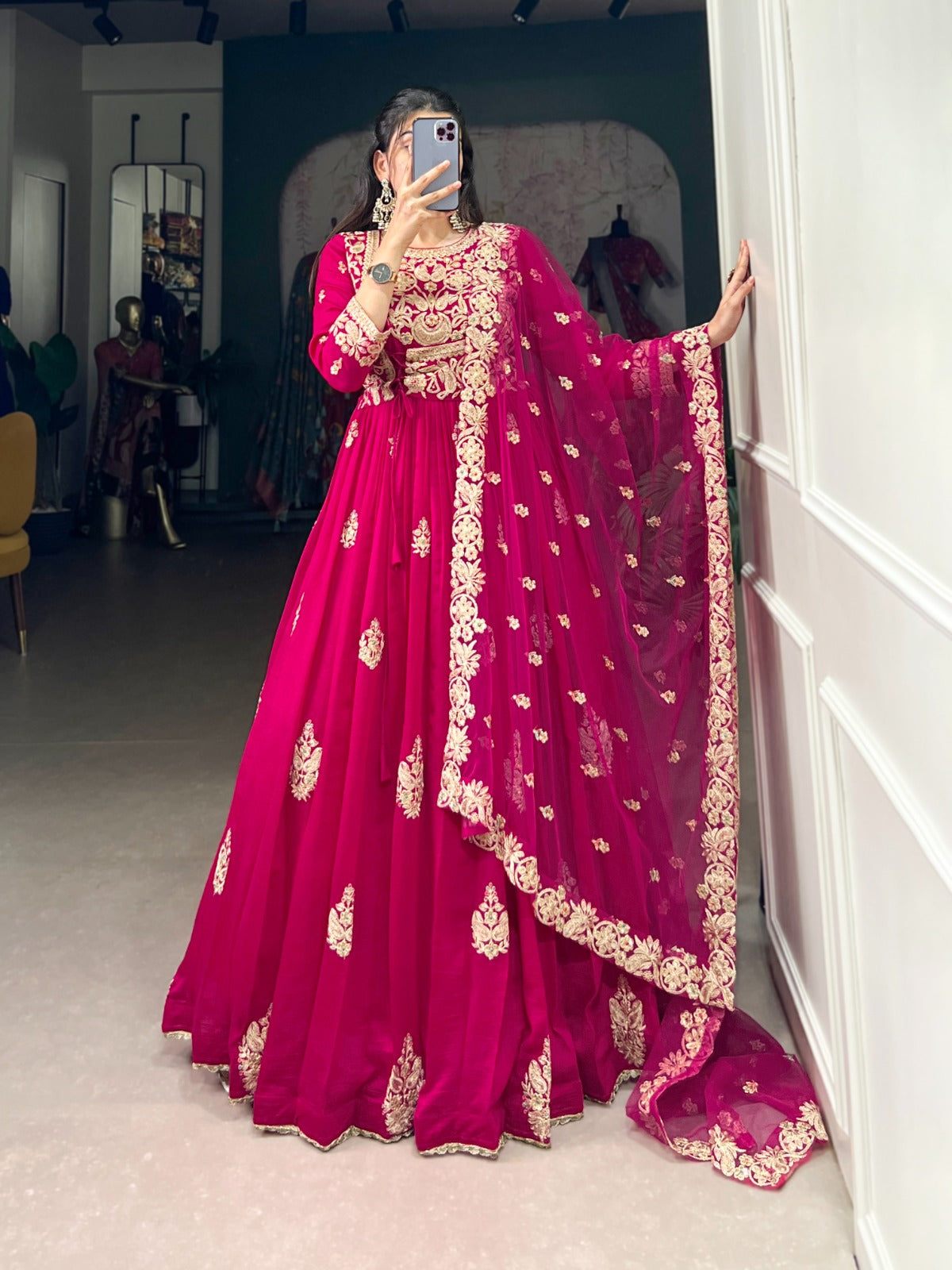 HEAVY VICHITRA SILK LONG GOWN WITH NET DUPATTA FOR WOMEN Rpd Fashion