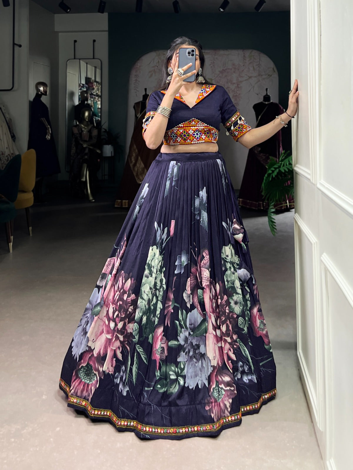 black color women's tussar silk with print and foil print lehenga choli set