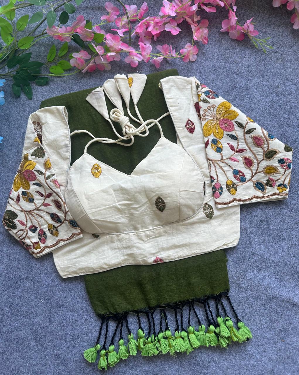 Khadi cotton saree With Hand Stich Gini And Beautiful Havy Khadi Cotton Blouse Rpd Fashion