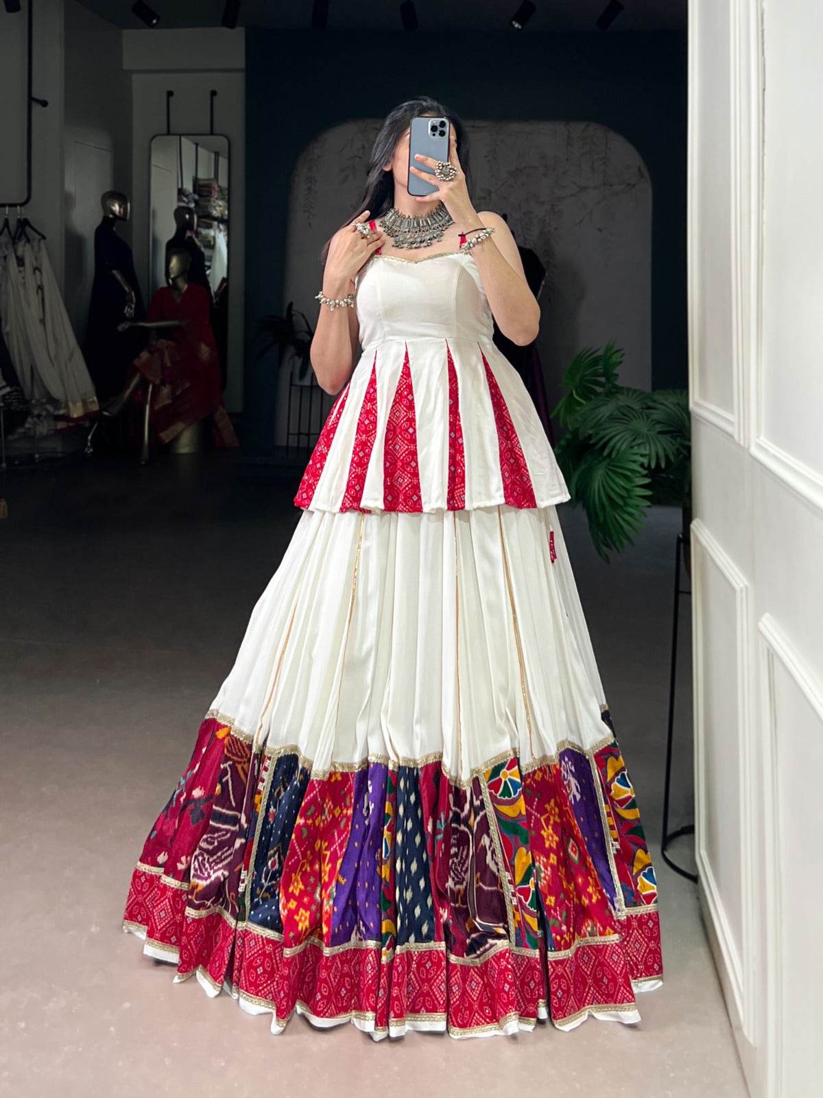 Red & White Rayon Lehenga Choli Set: Multi Patchwork Indian Garba Outfit - Rpd Fashion