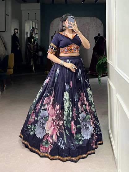 Black Color Women's Tussar Silk With Print And Foil Print Lehenga choli Set