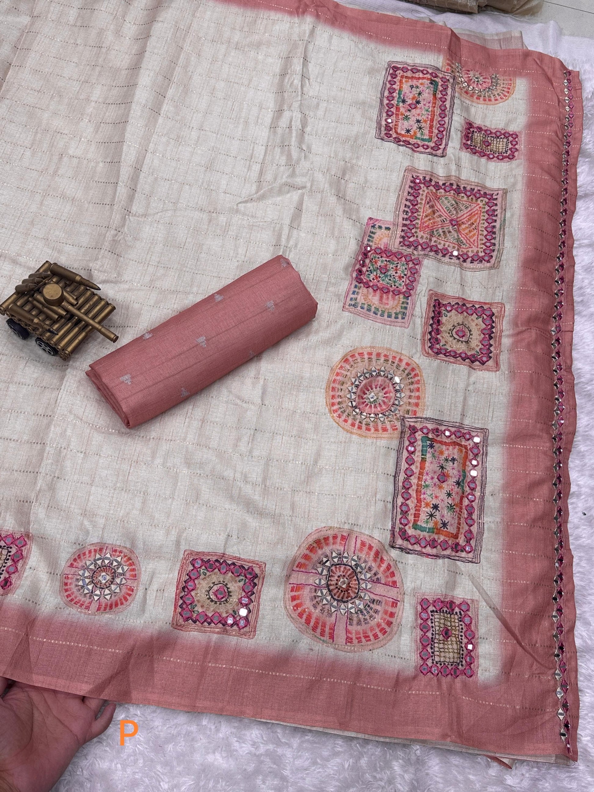 Batik Printed Hand Mirror Work Pure Tusser Cotton Saree with Blouse Rpd Fashion