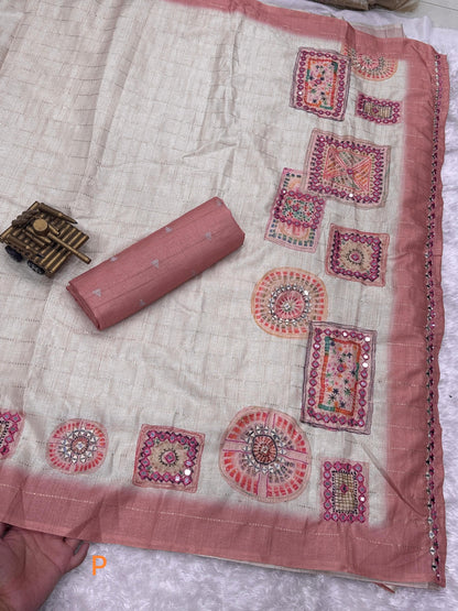 Batik Printed Hand Mirror Work Pure Tusser Cotton Saree with Blouse Rpd Fashion