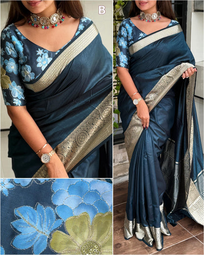 Green saree with floral patterns and gold border Rpd Fashion
