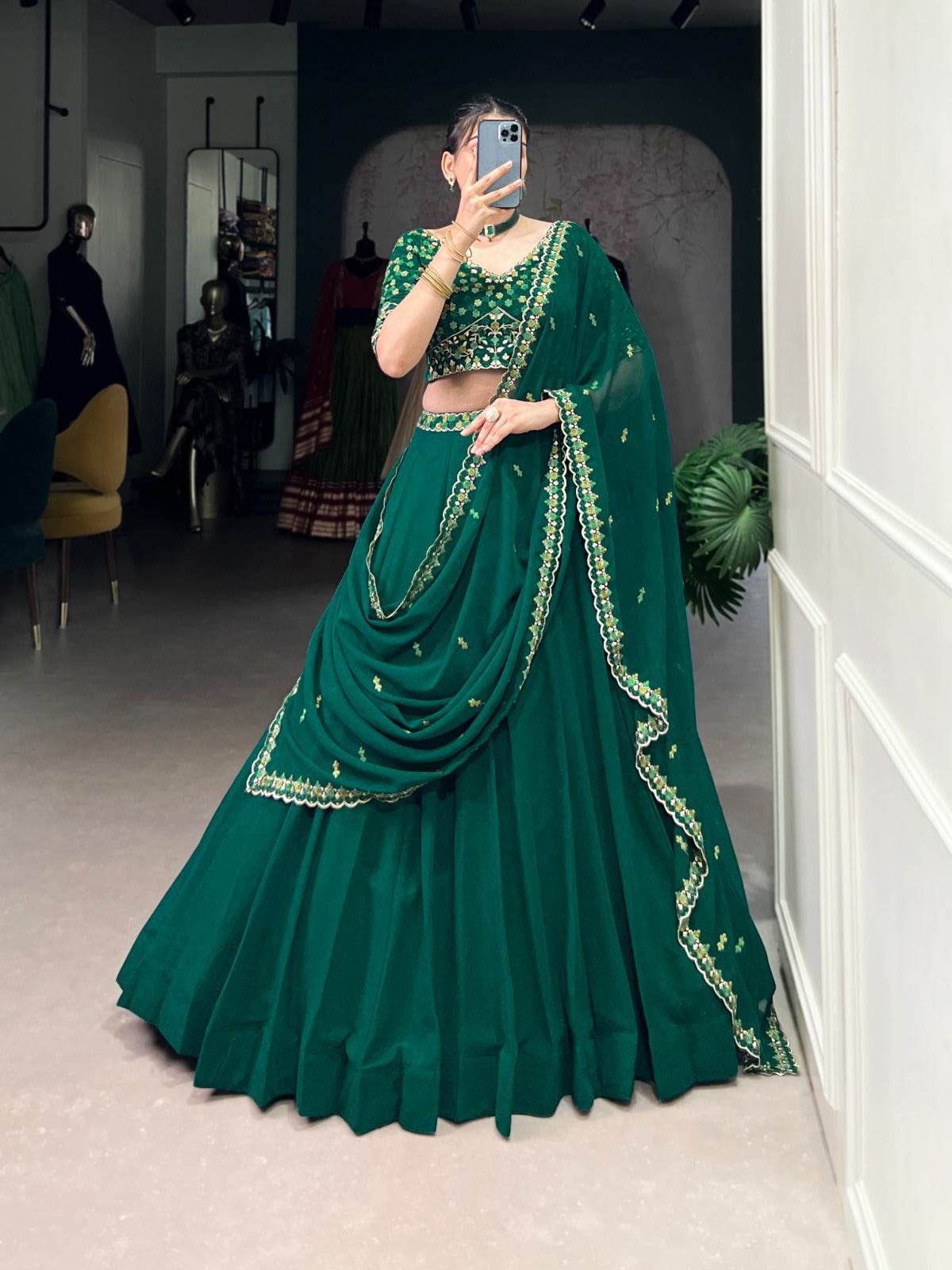 green plain georgette a line lehenga choli - rpd fashion