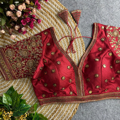 Sabysachi style v-neck beads copper matching work bridal blouse