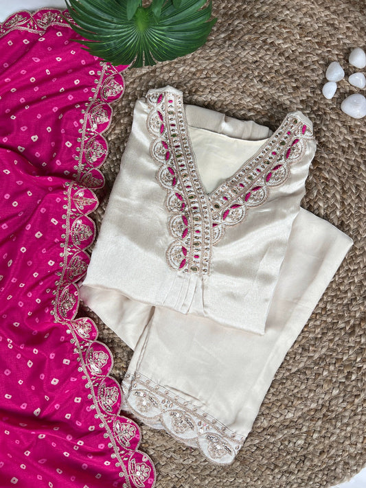 This cream Moonga silk suit with fine embroidery exudes effortless elegance, while the fuchsia pink dupatta💗 Rpd Fashion
