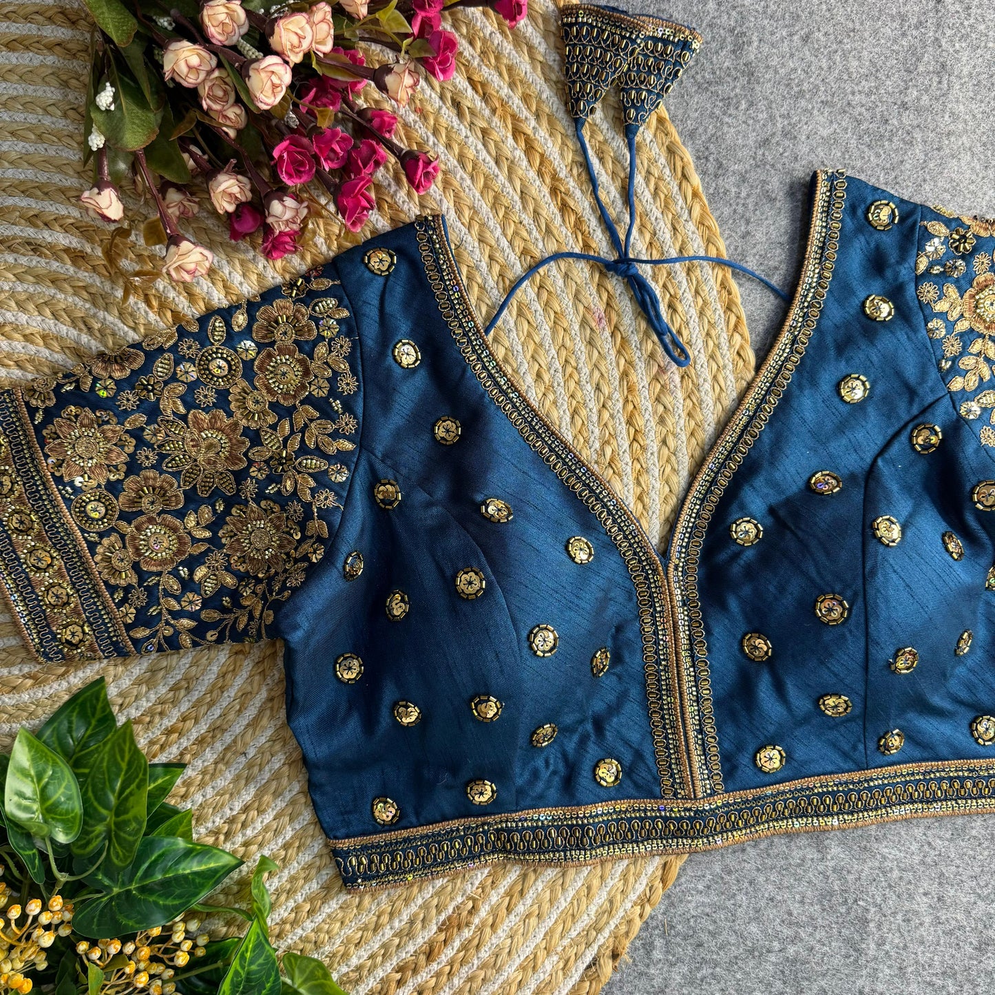 sabysachi style v-neck beads copper matching work bridal blouse