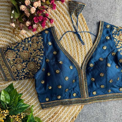 Sabysachi style v-neck beads copper matching work bridal blouse