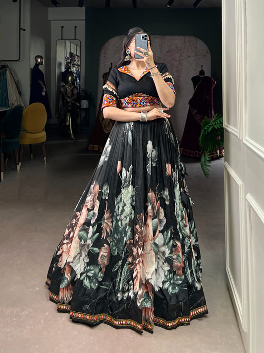 Black Color Women's Tussar Silk With Print And Foil Print Lehenga choli Set