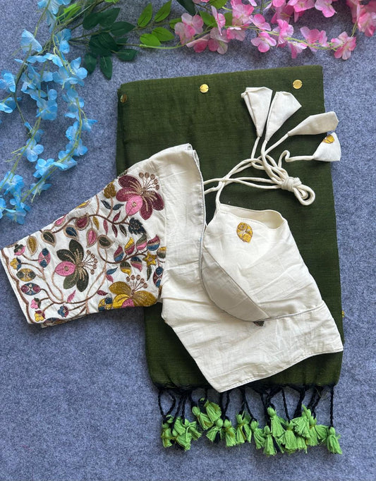 Khadi cotton saree With Hand Stich Gini And Beautiful Havy Khadi Cotton Blouse