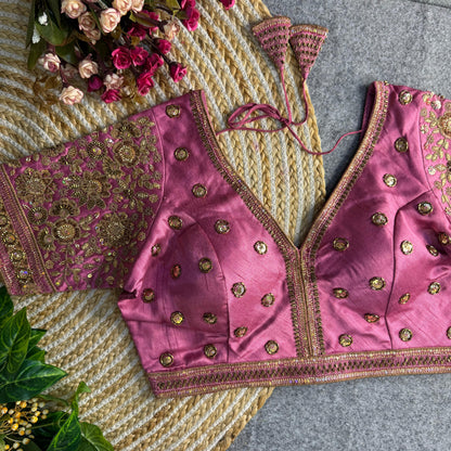 Sabysachi style v-neck beads copper matching work bridal blouse