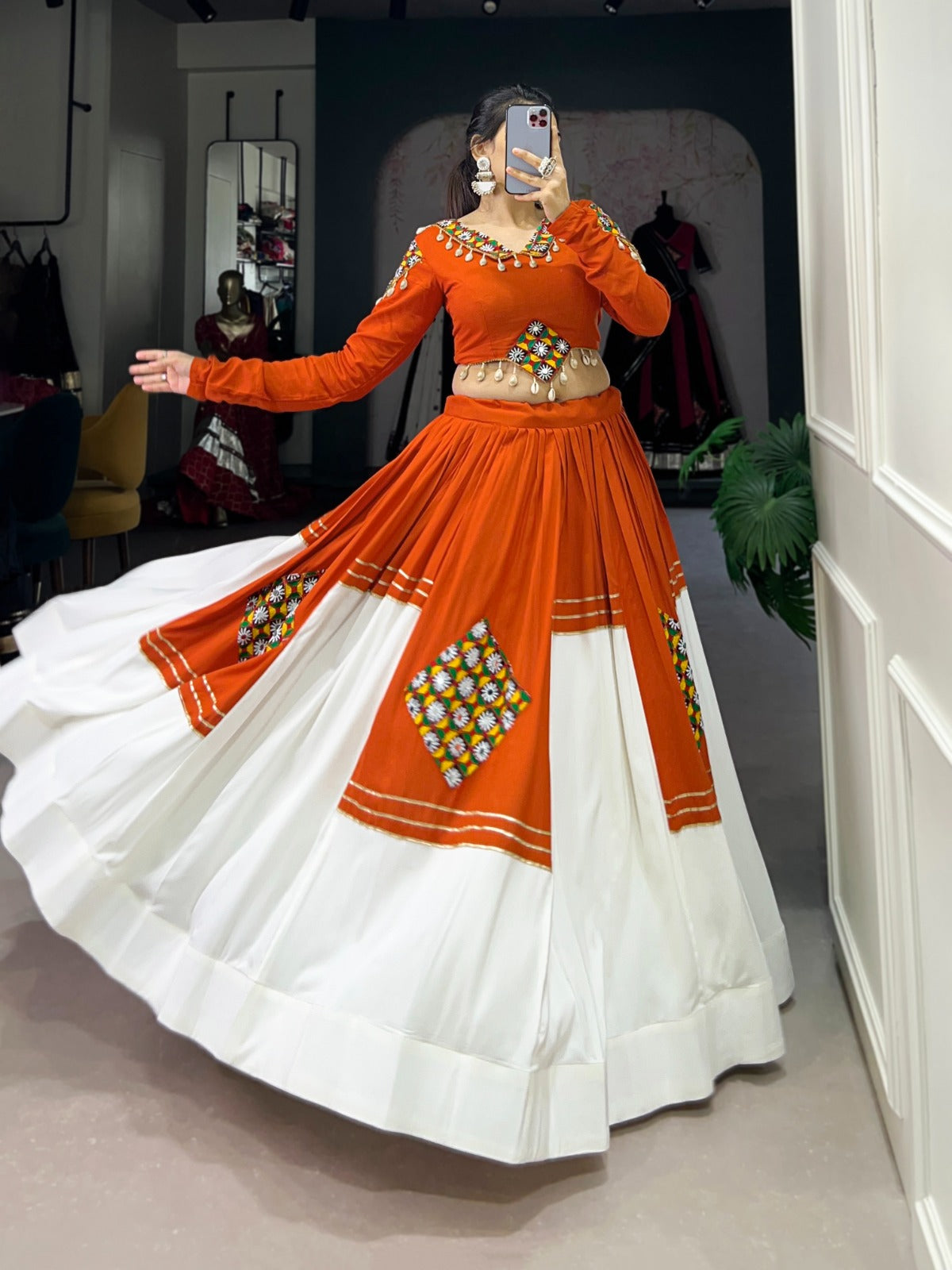 patchwork orange rayon readymade lehenga choli rpd fashion