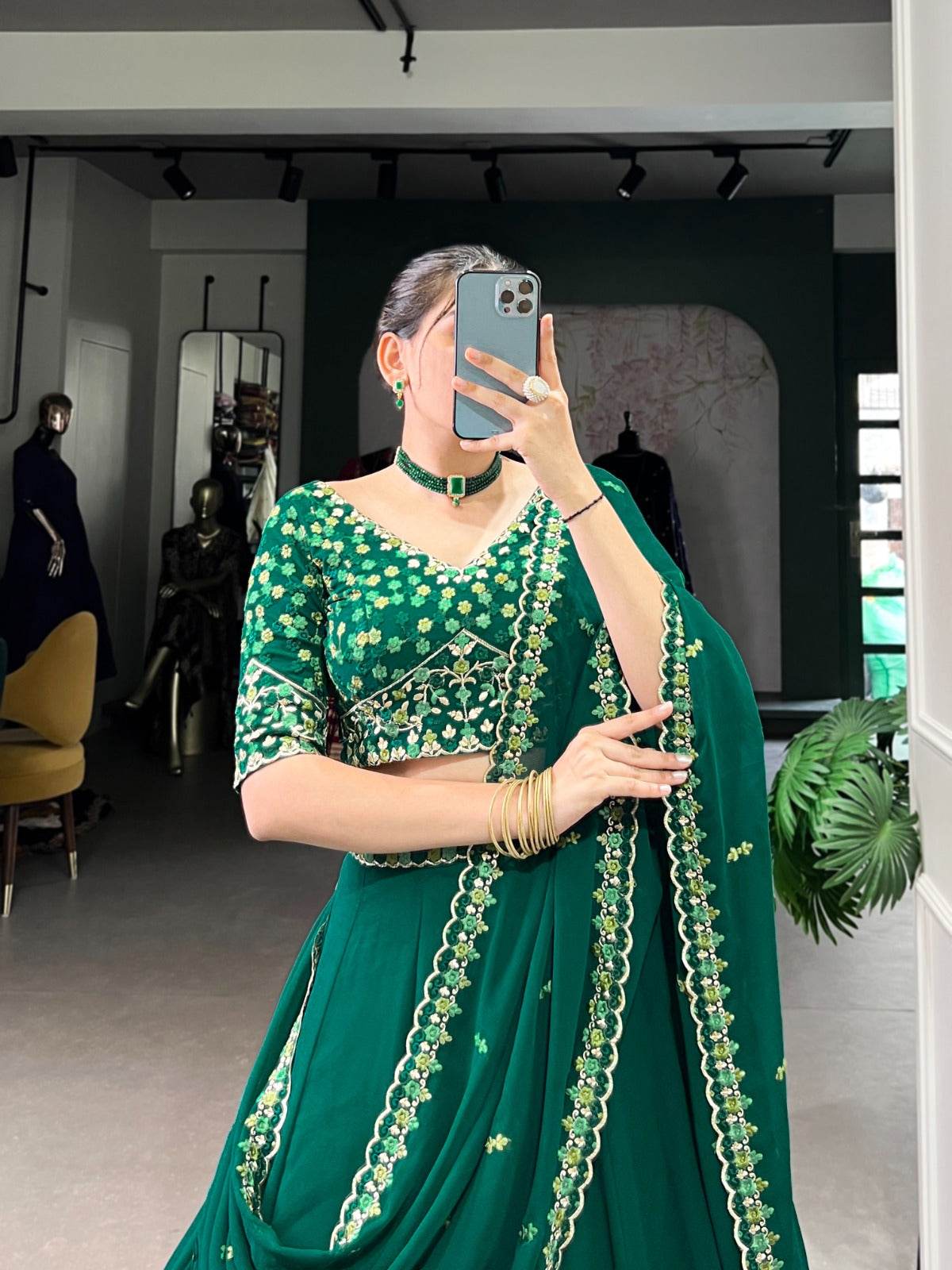Green Plain Georgette A Line Lehenga Choli - Rpd Fashion