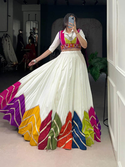 Rayon Multi Color Patch Lace Gamthi Kodi Work White Concept Navratri Special Lehenga Choli (Ready to Wear) - Rpd Fashion