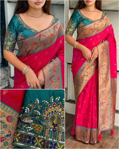 Designer Handwork Blouse with Heavy Minakari Banarasi Saree – Two Blouse Options - Rpd Fashion
