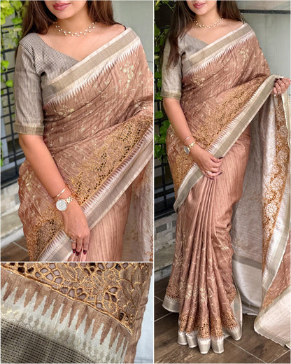 Stunning Tussar Cotton Saree with Embroidery & Zari Border - Rpd Fashion