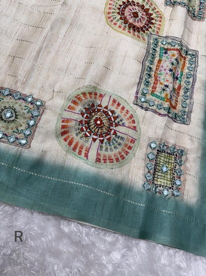 Batik Printed Hand Mirror Work Pure Tusser Cotton Saree with Blouse Rpd Fashion