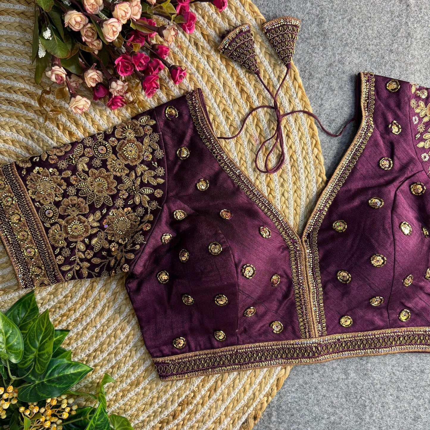 sabysachi style v-neck beads copper matching work bridal blouse