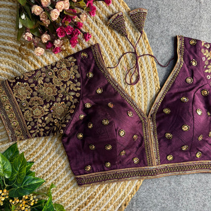 Sabysachi style v-neck beads copper matching work bridal blouse