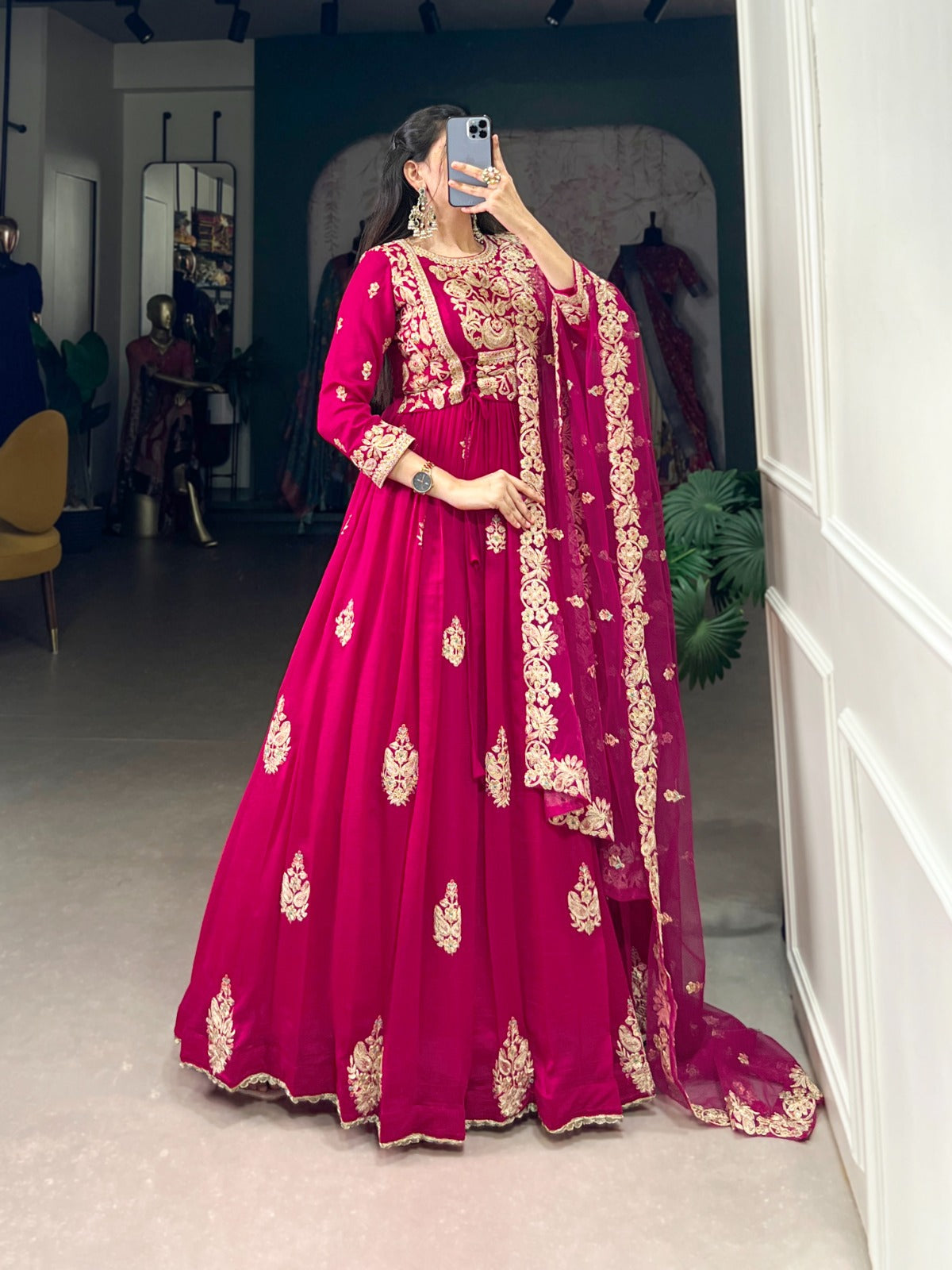 HEAVY VICHITRA SILK LONG GOWN WITH NET DUPATTA FOR WOMEN Rpd Fashion