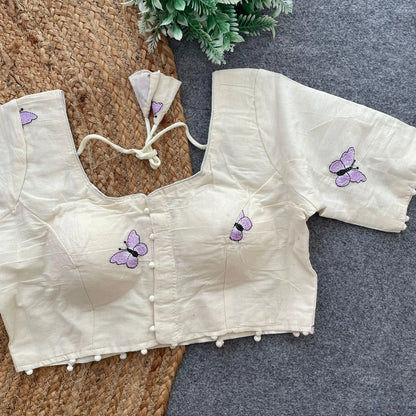 Elegant Khadi Cotton Blouse with Butterfly Embroidery - RPD Fashion