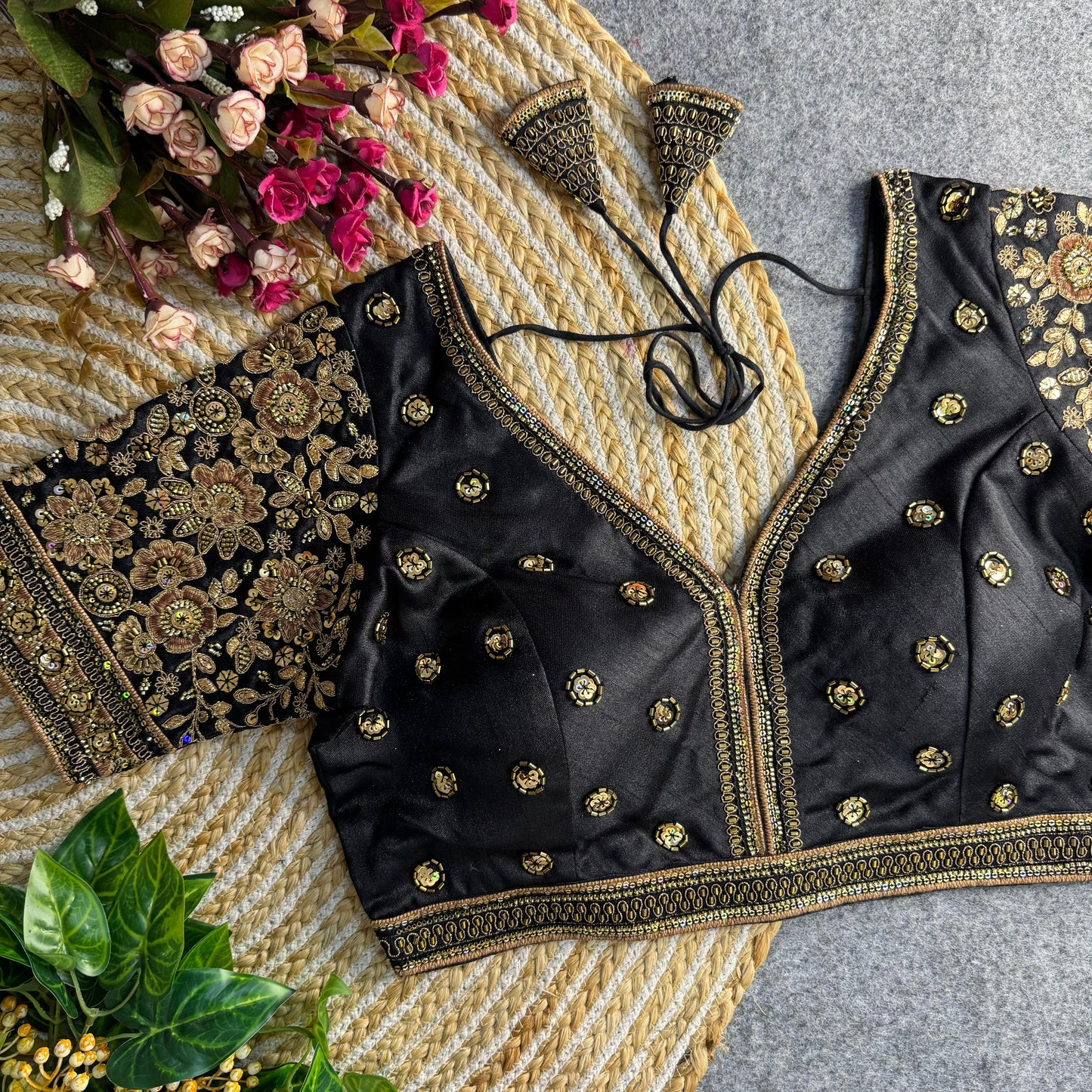 sabysachi style v-neck beads copper matching work bridal blouse