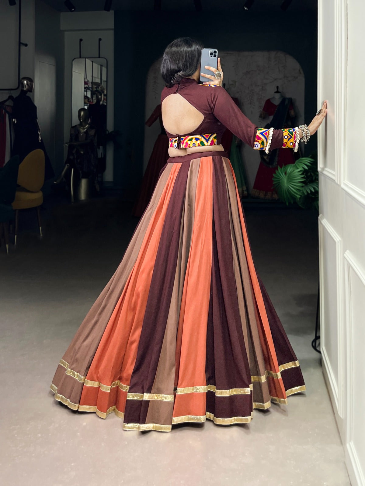 brown rayon mirror gamthi lace work navratri wear lehenga choli rpd fashion